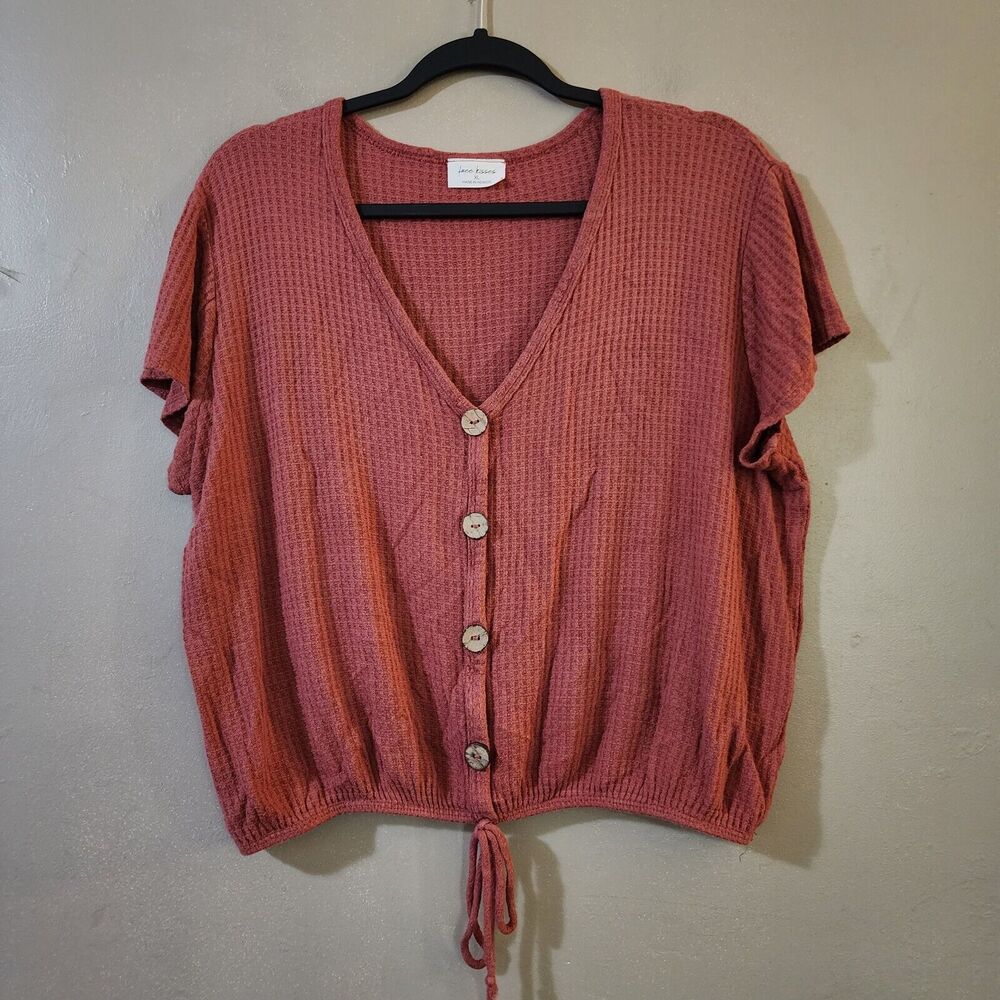 Free Kisses Womens Waffle Knit Crop Top Size XL Burnt Orange Pullover Buttons